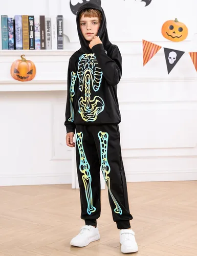 Vista 3 de TUONROAD 5-12 Years Boys Girls Halloween Outfits Kid's Skeleton Glow-in-The-Dark Hoodie Pants Set