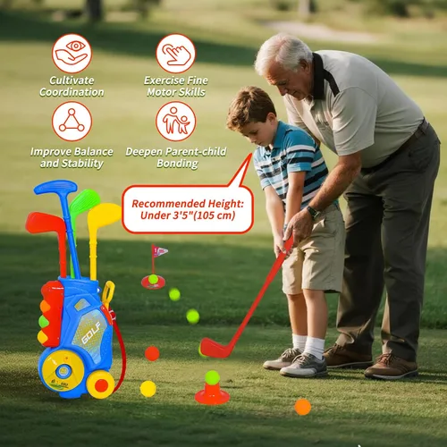 Vista 5 de Nattork Juego de golf para niños y niñas de 1, 2 y 3 años, carrito de golf mejorado para niños con 4 palos y 12 pelotas, juguete deportivo