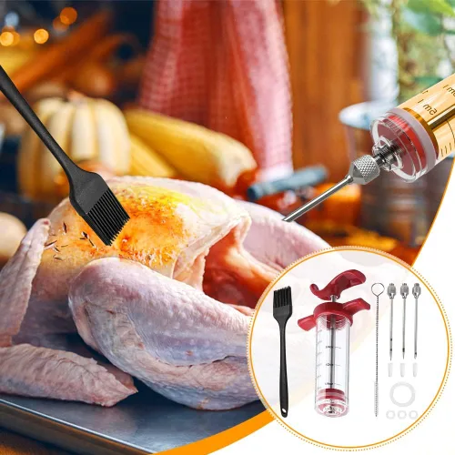 Vista 6 de Kit de jeringa-e para inyector de carne, inyector de pavo poroso de 3 agujas para carnes con cepillo de limpieza, inyector de adobo jeringa-e
