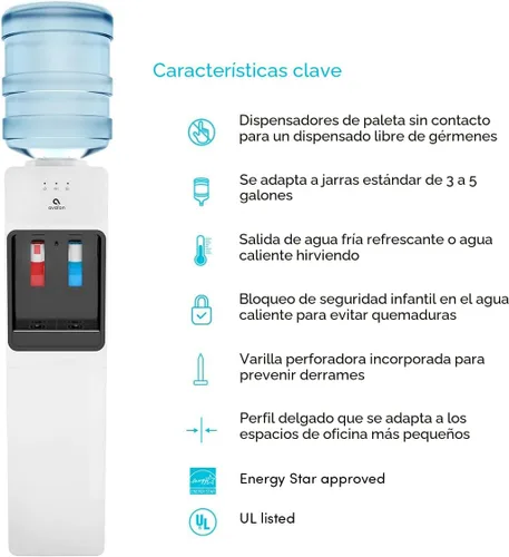 Vista 3 de Avalon despachador/refrigerador de agua con carga superior – Agua fría y caliente, con seguridad para niños, diseño innovador. Capacidad