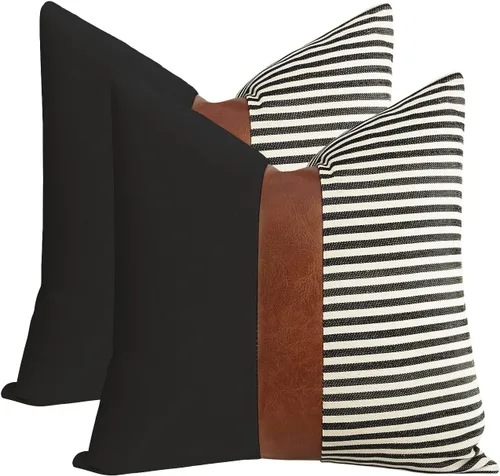 Vista 14 de Cygnus - Juego de 2 fundas de almohada de 16 x 16 pulgadas hechas de lino y de la unión de distintas telas con diseño de rayas para decoración Negro