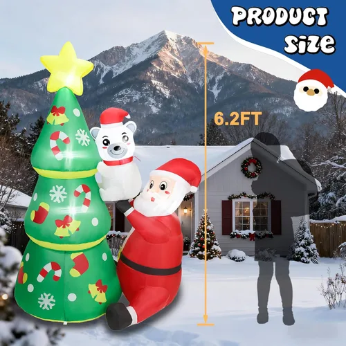 Vista 5 de 1.88 m de alto Árbol inflable navideño jumbo encantador con Papá Noel y oso polar, árbol inflable navideño animado con Papá Noel y oso polar, luces