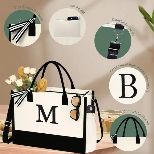 Vista 6 de Regalos de cumpleaños para mujer, bolsa de playa de lona con iniciales y bolsillos con cremallera, regalos personalizados para madre de la novia