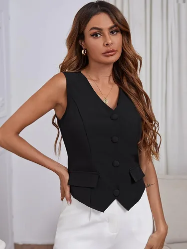 Vista 4 de SweatyRocks Elegante chaleco sin mangas con cuello en V y botones delanteros para mujer