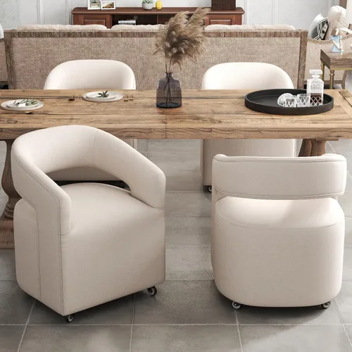 Vista 11 de DUOMAY Silla de comedor tapizada moderna con ruedas giratorias, juego de 1, silla auxiliar con respaldo de barril de lino, silla de tocador