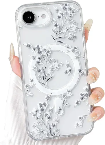 Vista 56 de NITITOP Funda magnética transparente compatible con iPhone 14 Plus/15 Plus, compatible con MagSafe lindas flores, hojas florales para mujeres