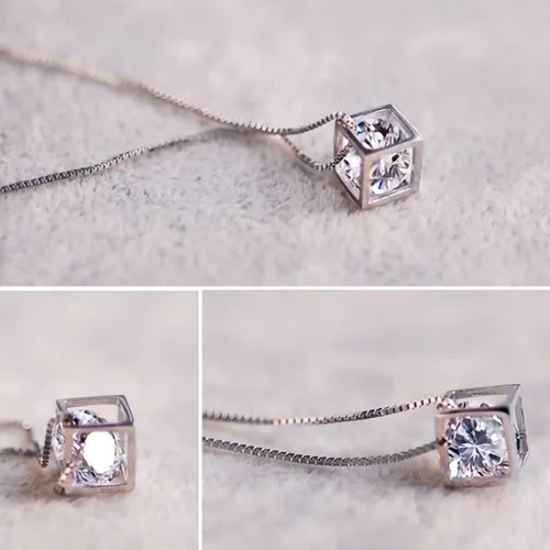 Vista 2 de Colgante de plata de ley 925 con forma de cubo de diamantes de corte redondo para mujer, chapado en oro blanco de 18 quilates