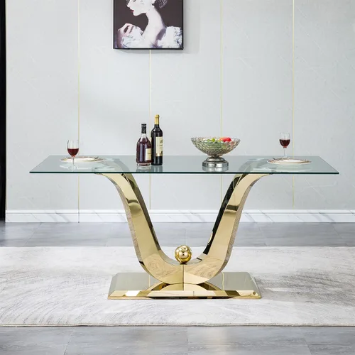 Vista 2 de SSLine Mesa de comedor de cristal dorado de 70 pulgadas para 4-6, base de Mesa de oro floral