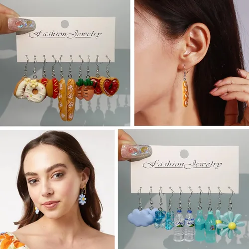 Vista 4 de 30-40 pares de aretes extraños, lindos y divertidos, con diseños de osos de gomita, patos, hongos, frutas y flores, para mujeres, aretes colgantes