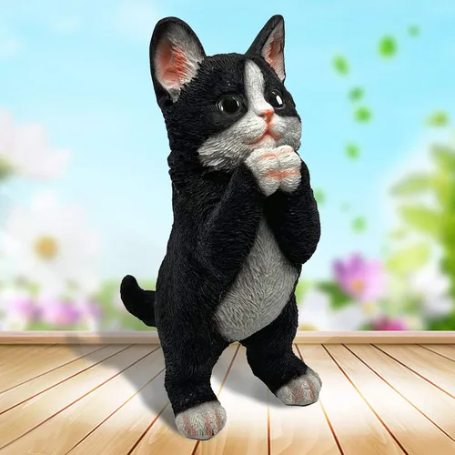 Vista 3 de Estatuas de decoración de jardín para gatos al aire libre – Linda pintura de gato negro de resina atigrado escultura arte, divertidas estatuas