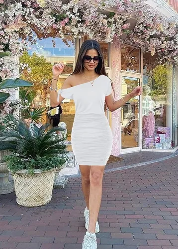 Vista 5 de Vestido corto de manga corta para mujer, con un hombro descubierto, fruncido y fruncido, para club, fiesta
