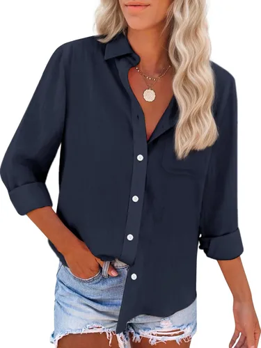 Vista 16 de Camisas de algodón con botones, para mujer, camisas de vestir Oxford, camisas de trabajo de manga larga, blusas con cuello y bolsillo