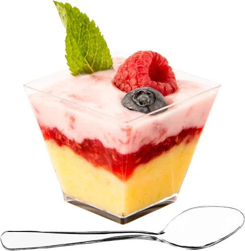 Vista 13 de DLux 100 x 2oz Tazas Cuadradas Mini de Postre con Cucharas y Tapas, Taza de Plástico Transparente para Aperitivos Parfait - Pequeño Cuenco