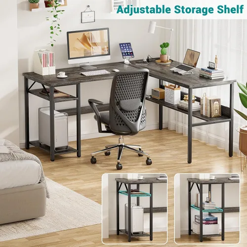 Vista 7 de Escritorio reversible en forma de L para juegos con tomas de corriente y puertos de carga USB, escritorio para computadora resistente con estante
