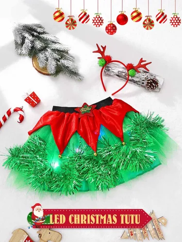 Vista 8 de Kakaco Juego de tutú de Navidad para niñas con diseño de reno rojo, diadema de Navidad, tutú de tul para niñas