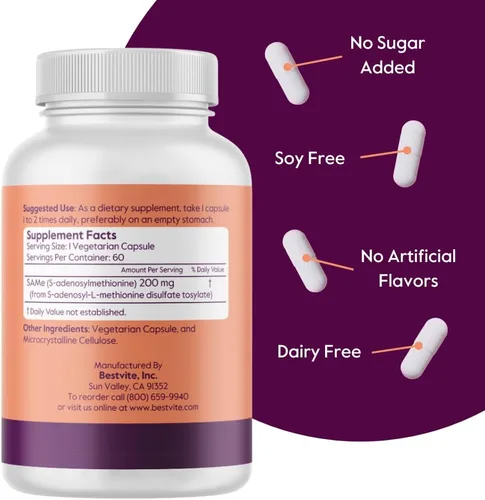 Vista 3 de BESTVITE SAM-e 200 mg estabilizado (60 cápsulas vegetarianas) - Forma de cápsula fácil de tragar - No necesita capa entérica - Sin dióxido