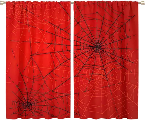 Vista 101 de Cortinas opacas de tela de araña aterradora para niños, tela de araña en blanco y negro, fondo rojo, dormitorio de niños, guardería, decoración