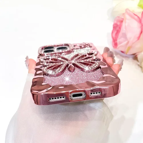 Vista 5 de Bonoma Funda con purpurina para iPhone 13 Pro Max, bonita funda 3D con patrón de chapado en degradado de mariposa de diamante, protección de cámara
