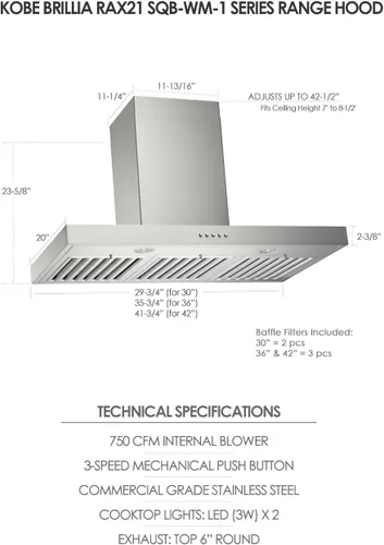 Vista 4 de KOBE RAX2142SQB-WM-1 Serie RAX21 Campana extractora de montaje en pared, 42 pulgadas, acero inoxidable
