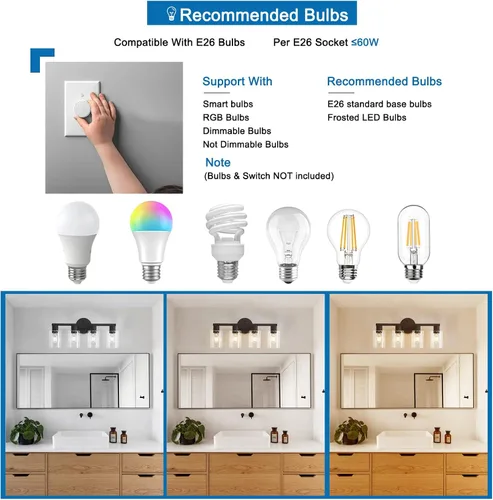 Vista 7 de Lámpara de tocador de baño de 4 luces, lámparas de baño negro mate con pantalla de vidrio transparente, 4 luces de tocador, accesorios