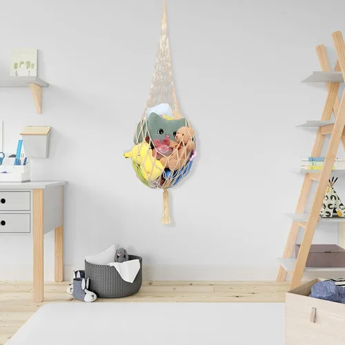 Vista 4 de Red de animales de peluche o hamaca de 77 pulgadas de largo, hamaca de cuerda de algodón con borla para almacenamiento de juguetes para dormitorio