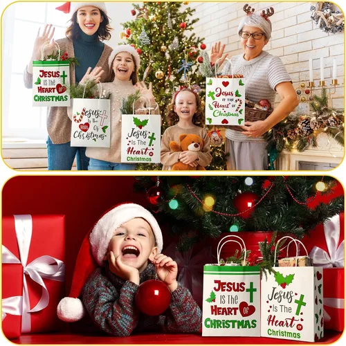 Vista 6 de Zhanmai 24 bolsas de regalo de Navidad con asas a granel, cristiano Jesús es el corazón de Navidad, bolsas con corazón, hoja de flor de pascua