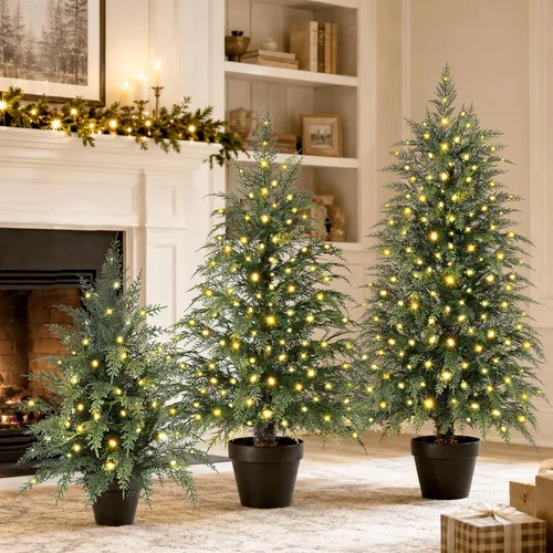 Vista 8 de Árbol de Navidad con luces de 2 pies, 3 pies y 4 pies, juego de 3 árboles de Navidad de cedro preiluminados, mini árbol de Navidad artificial