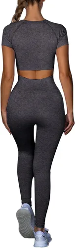 Vista 2 de LYANER Conjuntos de entrenamiento para mujer, camiseta corta de manga corta y leggings de cintura alta, conjuntos de yoga de 2 piezas