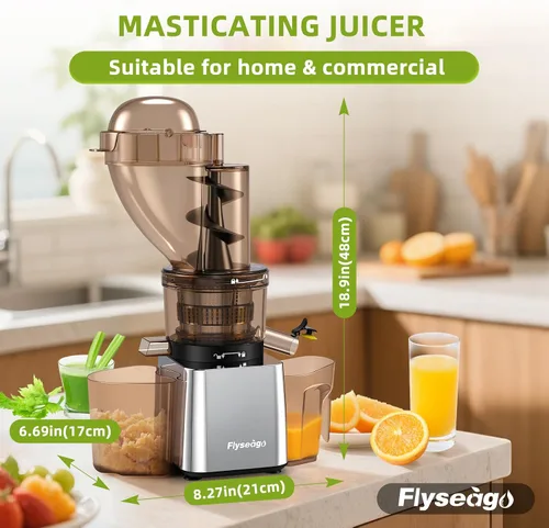 Vista 7 de Exprimidores comerciales de prensa en frío de 300 W, doble salida para jugo y pulpa, alto rendimiento, exprimidores de masticación, acero inoxidable