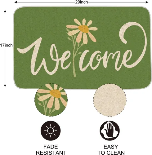 Vista 3 de Tapete decorativo de bienvenida de primavera, tapete decorativo con flores, tapete de bajo perfil, para decoración del hogar, interiores