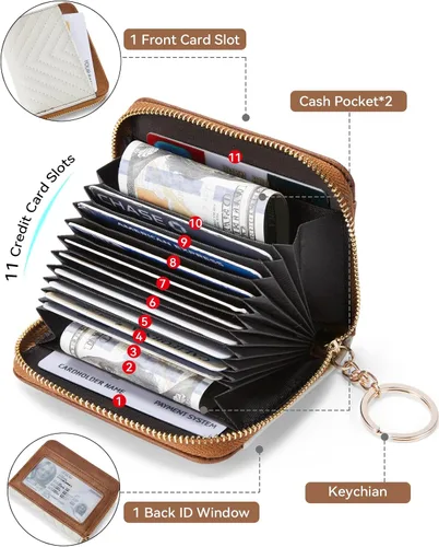 Vista 2 de BOSTANTEN Cartera de piel con bloqueo RFID para tarjetas de crédito, cartera pequeña para mujer, con cremallera, llavero y cartera con correa