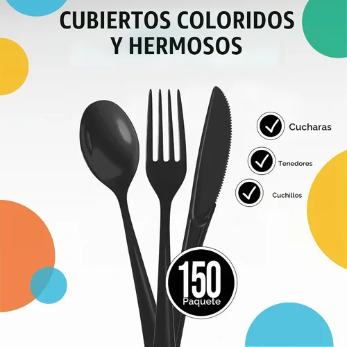 Vista 2 de Party Solids Cubiertos de plástico negro resistente, 150 piezas, cubiertos desechables negros, juegos de utensilios, 50 de cada tenedor, cuchillos
