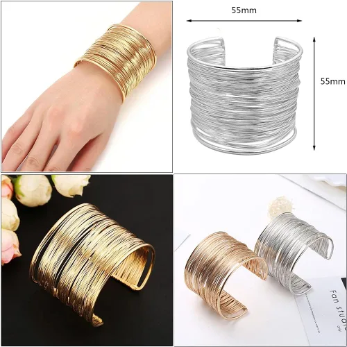 Vista 3 de MOZAKA 6 pulseras de alambre ancho abierto para mujer, pulsera de oro