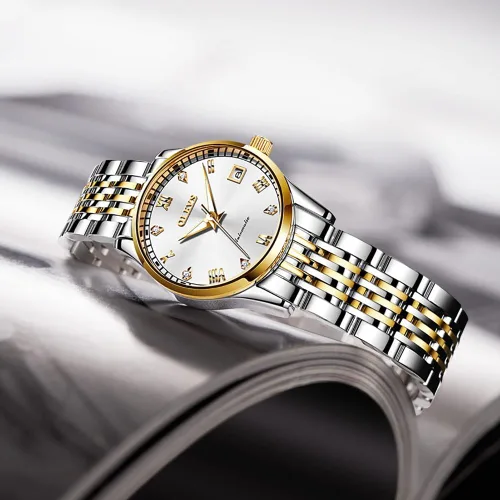Vista 4 de OLEVS Relojes automáticos para mujer, relojes de pulsera pequeños de acero inoxidable para mujer, pulsera de tono dorado y plateado