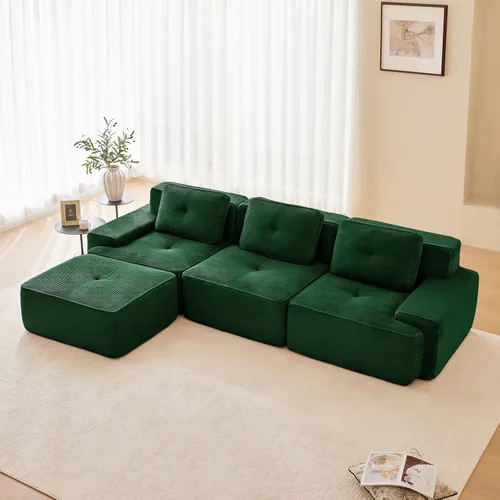 Vista 59 de Sofá moderno comprimido sin armazón de 116", sofás seccionales de 3 plazas para sala de estar, sofá seccional modular de pana verde nube, espuma