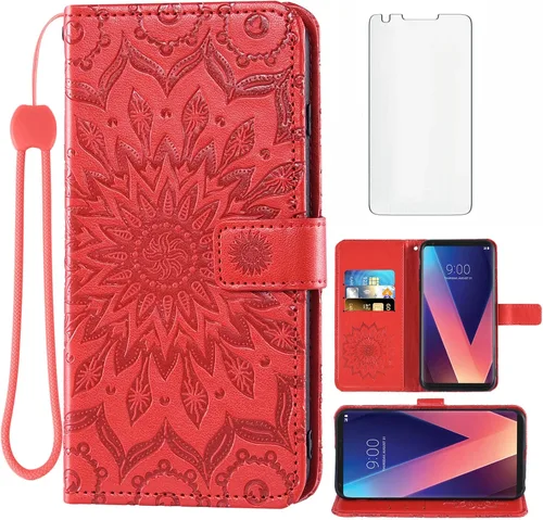 Vista 8 de Funda de teléfono para LG V35 ThinQ V30 Plus con protector de pantalla de vidrio templado y cubierta abatible de cuero, soporte para tarjetas