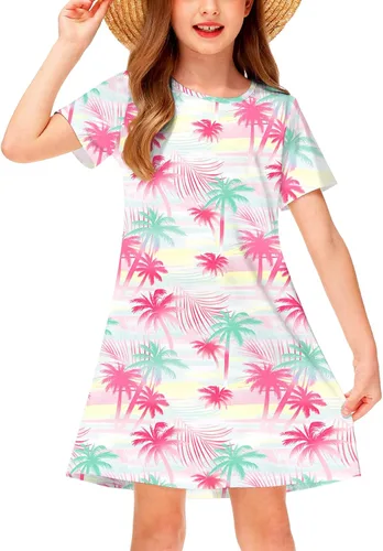 Vista 8 de Deerose Kids Summer Short Sleeve Dresses Hawaiian Tshirt Sundress 3-14 Years Coconut trees