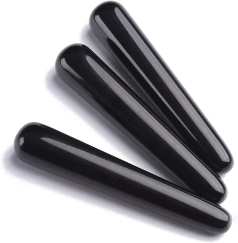 Vista 4 de AMOYSTONE Varita de cristal de obsidiana con piedras preciosas de meditación curativa Varita puntiaguda para masaje, color negro de 4 pulgadas