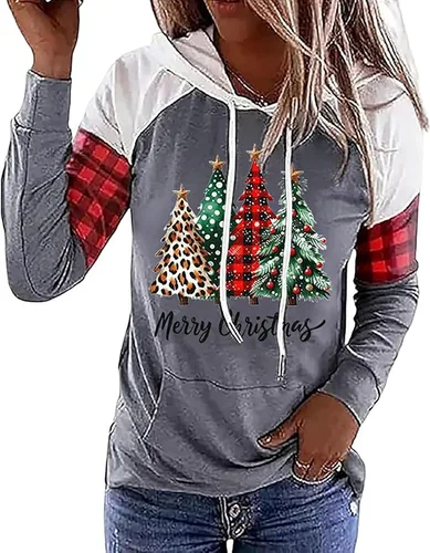 Vista 15 de LLHXRUI Sudadera de Navidad con diseño de árbol a cuadros y rayas para mujer, camiseta con bolsillo con capucha, manga larga, bloque de color Como