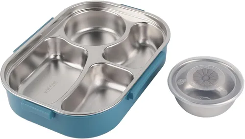 Vista 8 de Yosoo Lonchera de acero inoxidable, caja Bento portátil de 4 rejillas, contenedor de almacenamiento de alimentos para adultos, la tapa contiene Azul