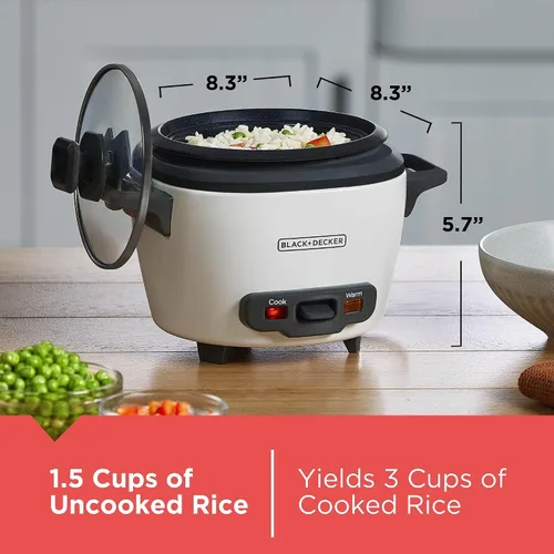 Vista 6 de BLACK+DECKER Olla arrocera de 3 tazas, RC503, 1.5 tazas de arroz crudo, cesta de cocción al vapor, recipiente antiadherente extraíble, un toque