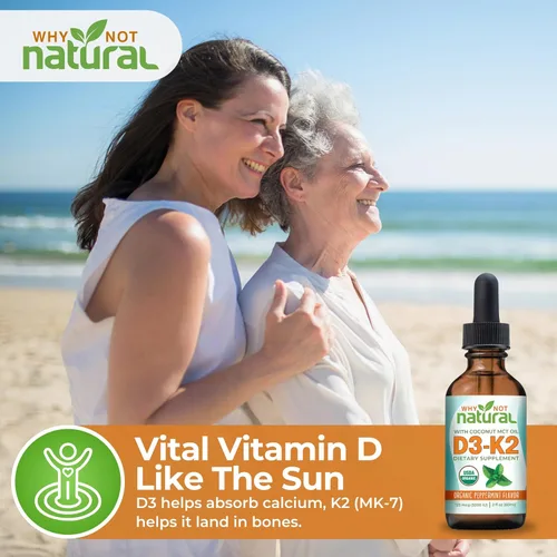 Vista 3 de Why Not Natural Gotas líquidas orgánicas de vitamina D3 K2 (MK-7), 5000 UI de D3 sublingual con aceite de coco MCT, para huesos y dientes fuertes