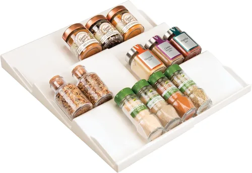 Vista 10 de mDesign - Estante de especias de plástico ajustable y expandible, organizador de cajón para gabinetes de cocina, 3 niveles inclinados para ajo, sal