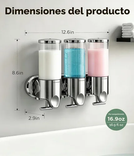 Vista 3 de Dispensador de jabón de ducha, 3 cámaras de 16.9 onzas, montaje en pared Transparente