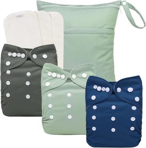 Vista 9 de babygoal AWJ Pañales de tela con panel abdominal, paquete de 13, 6 fundas de pañal con 6 insertos y bolsa seca para humedad, ajustables, lavables