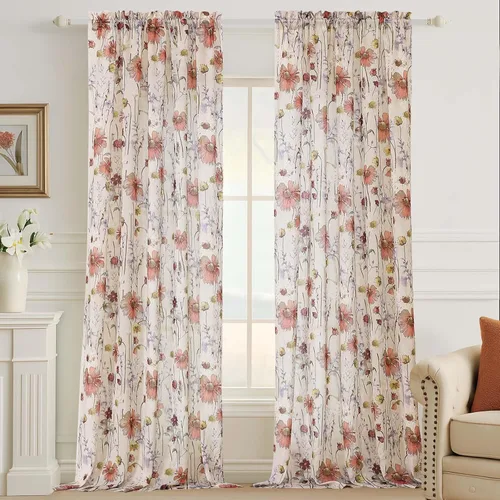Vista 14 de Cortinas Transparentes Arrugadas de 96 Pulgadas de Largo 2 Paneles, Cortinas Florales Transparentes con Diseño Impreso para Sala de Estar