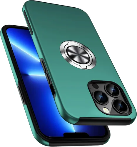 Vista 11 de Funda a prueba de golpes para iPhone 13 de 6.1 pulgadas, [anillo de dedo integrado] funda de teléfono de grado militar con soporte de metal Negro