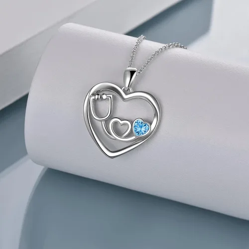 Vista 3 de Collar con estetoscopio de plata de ley con diseño de corazón y enfermería, regalo para enfermeras y médicos