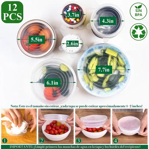 Vista 2 de Tapas elásticas de silicona, paquete de 12 tapas de silicona reutilizables para almacenamiento de alimentos, cubiertas de silicona sin BPA