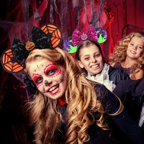 Vista 2 de 4 diademas de orejas de ratón de Halloween, lentejuelas de Halloween, lazos de calabaza, diademas fantasmas para fiestas de cosplay